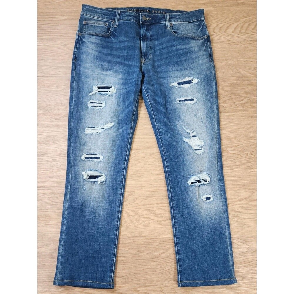 American Eagle Next Level Flex Jeans Mens 38x31 Slim Denim Distressed Patchwork